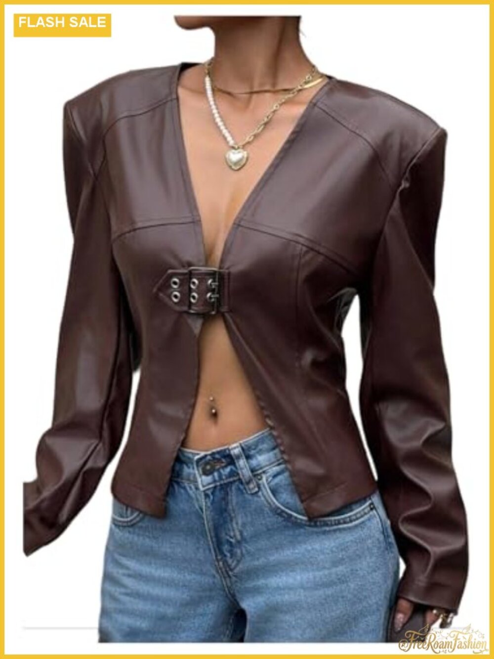 MakeMeChic Women's PU Leather Jacket Long Sleeve Belted Outerwear